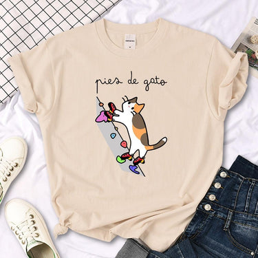 Rock Climbing Cat Graphic Tee Shirts & Tops KittyNook Cat Company Beige S